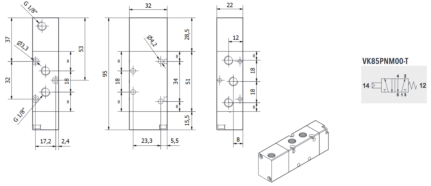 Produktansicht – Pneumatikventil 5/2 G1/8" mit Federrückstellung